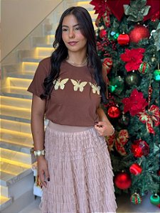 T-SHIRT TRIO BORBOLETAS C/APLICAÇÃO - MARROM