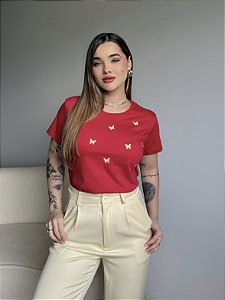 T-SHIRT BORBOLETINHAS (BORDADA) - VERMELHO