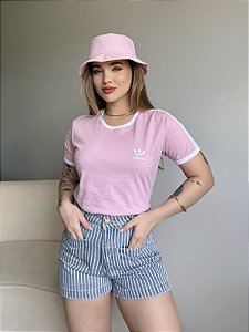 T-SHIRT ADIDAS LISTRAS COM PUNHO - ROSA CREAM