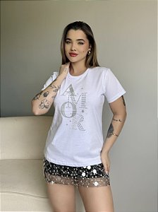 T-SHIRT AMOR SILK METALIZADO C/STRASS - BRANCO