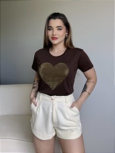 T-SHIRT CORAÇÃO STRASS - MARROM EXPRESSO
