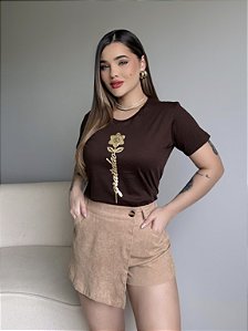 T-SHIRT FLOR GRATIDÃO C/ APLICAÇÃO - MARROM EXPRESSO