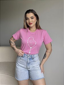 T-SHIRT TERÇO NOSSA SENHORA - ROSA BEBE