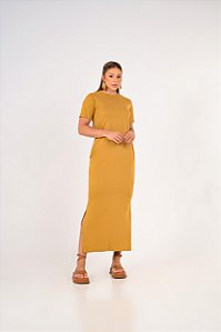 VESTIDO MAITÊ LISO DE ALGODÃO COM BOLSO - MOSTARDA