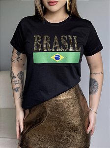 T-SHIRT DTF BRASIL BANDEIRA STRASS DOURADO - PRETO