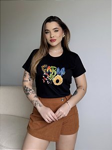 T-SHIRT DTF  FARM RIO ANIMAL PRINT - PRETO