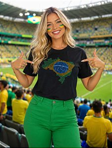 T-SHIRT DTF BRASIL MAPA STRASS - PRETO