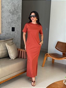 VESTIDO MAITÊ LISO DE ALGODÃO COM BOLSO - TELHA