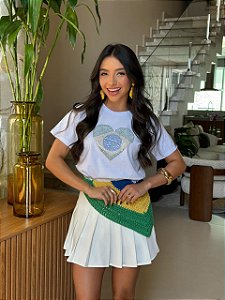 T-SHIRT DTF BRASIL CORAÇAO STRASS - BRANCO