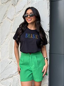 T-SHIRT DTF BRASIL STRASS COLORS - PRETO