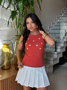 REGATA CANELADA (BORDADA) MARGARIDAS - LARANJA ORNAMENTAL