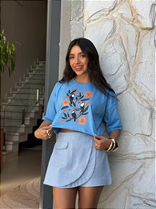 CROPPED OVERSIZED DTF TUCANO E FLORES - AZUL JEANS
