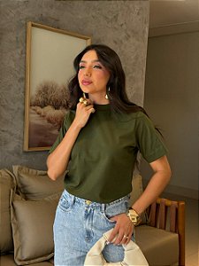 T-SHIRT GOLA ALTA LISA - VERDE MILITAR