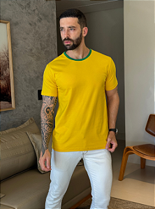 CAMISETA MASCULINA LISA BICOLOR - AMARELO