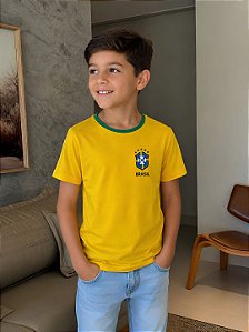 T-SHIRT INFANTIL DTF BRASIL ESCUDO BORDADO BICOLOR - AMARELO