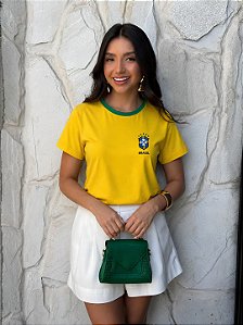 T-SHIRT DTF BRASIL ESCUDO BORDADO BICOLOR - AMARELO