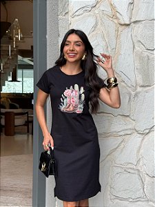 VESTIDO DRESS DTF BOTA ROSA E FLORES - PRETO