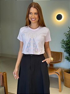 T-SHIRT DTF NOSSA SENHORA CORAÇÃO STRASS - ROSA ROMANTIC