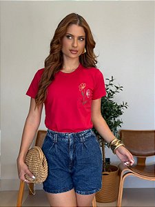 T-SHIRT BORDADA RAMO DE FLOR LATERAL - VERMELHO