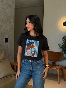 T-SHIRT DTF CACHORRO CAFÉ LISTRAS - PRETO