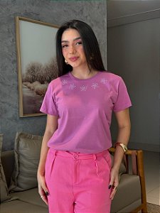 T-SHIRT DTF FLORZINHAS STRASS - ROXO MAGIC