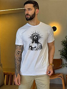 CAMISETA MASCULINA DTF IMAGEM DE CRISTO - BRANCO