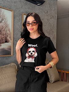 T-SHIRT DTF CACHORRO WOOF - PRETO
