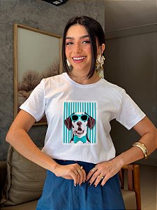 T-SHIRT DTF CACHORRO OCULOS E LISTRAS - BRANCO