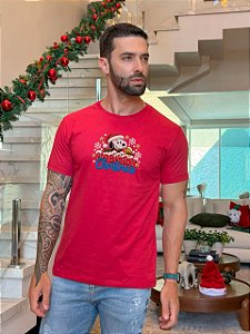 CAMISETA MASCULINA DTF SNOOPY MERRY CHRISTMAS - VERMELHO