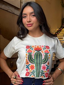 T-SHIRT DTF CACTO FLORAL - BEGE NATURAL