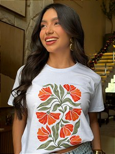 T-SHIRT DTF MOSAICO FLORES LARANJAS - BRANCO