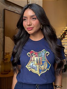 T-SHIRT DTF BRASÃO HOGWARTS - AZUL MARINHO