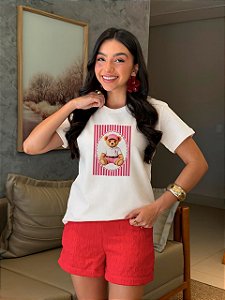 T-SHIRT DTF URSO BONÉ ROSA - OFF WHITE