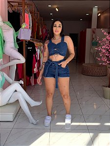 Conjunto Jeans Cropped Botões e Shorts