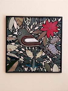 Painel Pássaro em cerâmica artesanal sobre madeira 52 X 52 cms