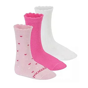 Meia Infantil Menina Cano Longo Molekinha Corações Rosa, Pink e Branco