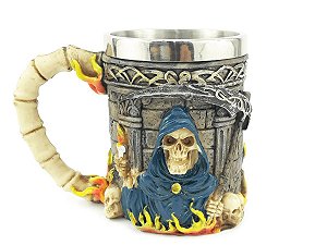 Caneca Decorativa Designer Criativo Composta em Metal e Resina Capacidade 400ml Caveira Dona Morte