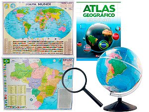 Kit Globo Terrestre 30cm Com Led + Lupa + Atlas + Mapa do Brasil e Mapa Mundi Atualizado Escolar Decorativo