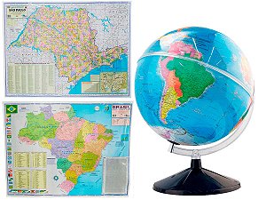 Kit Globo Terrestre 30cm Com Led + Mapas do Brasil e Mapa de São Paulo 120x90cm Atualizado Divisão de Países Escolar