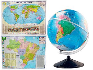 Kit Globo Terrestre 30cm Com Led + Mapas do Brasil e Mundi 120x90cm Atualizado Divisão de Países Escolar Decorativo