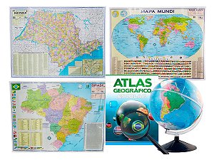 Kit Globo Terrestre 30cm Com Led + Lupa + Atlas + Mapas do Brasil, Estado de SP e Mapa Mundi Atualizado