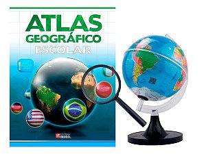Kit Globo Terrestre 21cm Profissional + Lupa  + Atlas Escolar Edição Atualizada Mapas De Países Físicos e Políticos