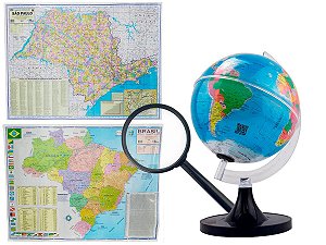 Kit Globo Terrestre 21cm Profissional + Lupa + Mapa São Paulo + Mapa do Brasil 120x90cm Atualizado Escolar