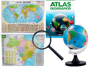 Kit Globo Terrestre 21cm Profissional + Lupa  + Atlas + Mapa Mundi + Mapa do Brasil 120x90cm Atualizado Escolar
