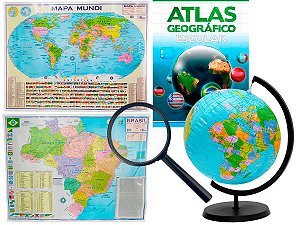 Kit Globo Terrestre Inflável 17cm  + Lupa + Atlas + Mapas do Brasil e Mundi 120x90cm Escolar Decorativo