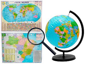 Kit Globo Terrestre Inflável 17cm  + Lupa + Mapas do Brasil e Mundi 120x90cm Escolar Decorativo