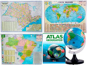 Kit Globo Terrestre 21cm + Atlas + Lupa + Mapas do Brasil Mundi e São Paulo 120x90cm Escolar Decorativo