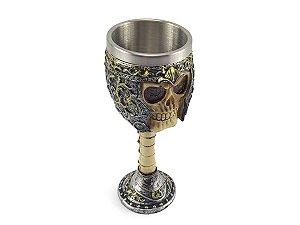 Taça Cálice Em Aço Inox e Resina Crânio Medieval Caveira Guerreiro Osso Rock Colecionável Coquetel Cerveja Decorativo