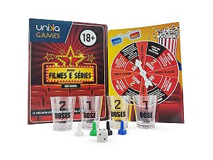 Jogo de Tabuleiro Drink Game Roleta Filmes e Séries Etílico C/ 4 Copos de Dose Shot Unika Games