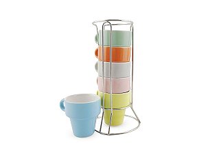 Conjunto 6 Xícaras p/ Chá e Café 50ML Empilhável Colorida Com Suporte em Metal Torre de Canecas